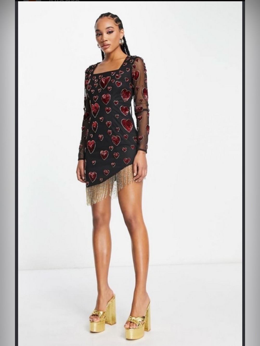 Starlet NWT Sz 6 Black Mesh Long-Sleeve Dress Red Heart Sequin Beaded Fringe 862